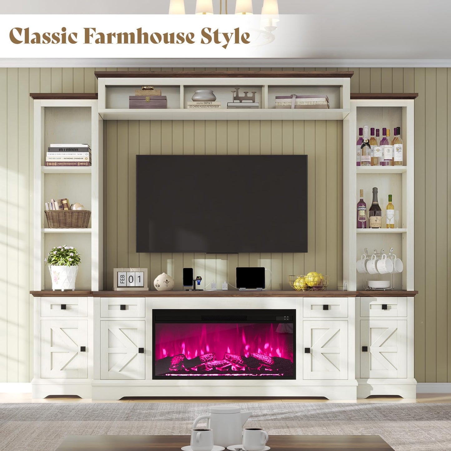 AMERLIFE 98in Farmhouse Entertainment Center with 36" Fireplace, TV Stand, Bookshelf, Wine Cabinet, Fits 78" TVs, Wall Unit Media Console with Power Outlets & Barn Doors, Living Room, Off-White