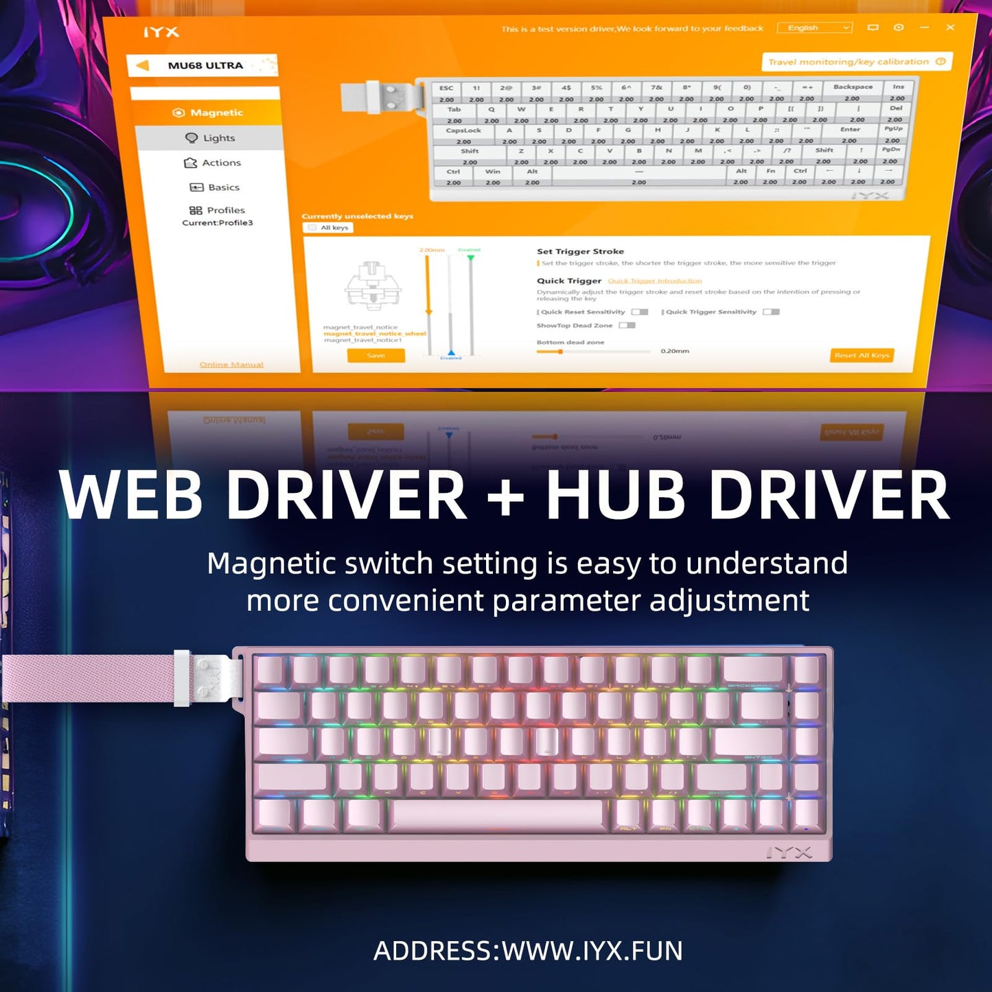 IROK MU68 Ultra Rapid Trigger Magnetic Switch Keyboard, Zero Dead Zone, Hot Swapped RGB Programmable, RT 0.01mm 8K, Low Latency Wired Gaming Keyboard for Win/Mac Gamer-Pink