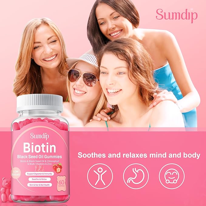 Black Seed Oil Gummies with Biotin, Immune Support Healthy Hair&Skin&Nails for Women and Men, Chlorophyll, Zinc, Vitamin A, B6, B12, C, D, E, Vegan Supplement - 60 Gummies