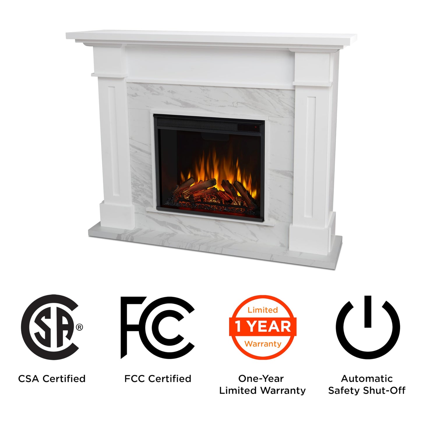 Real Flame Kipling 54" Electric Fireplace with Mantel for Living Room or Bedroom, Replaceable Fireplace Insert Heater, Realistic Log and Flame Effect, Remote Control, Timer, White with Faux Marble