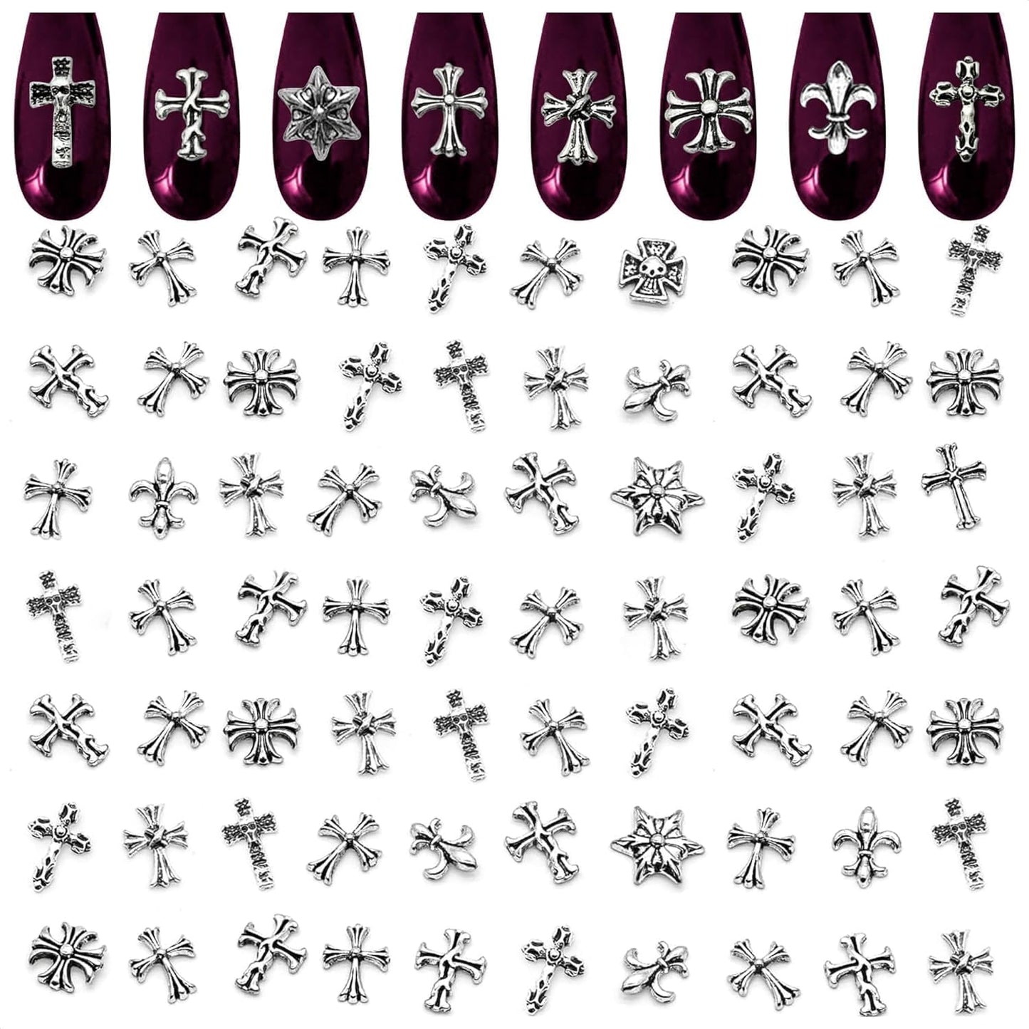 100 Pcs Cross Nail Charms and Gems - Nail Cross Charms for Nails Design Silver Nail Charms Y2k Nail Gems for Nails 3d Nail Charms Bulk Nail Jewels - Nail Art Charms Nails With Charms Cross Nail Charm