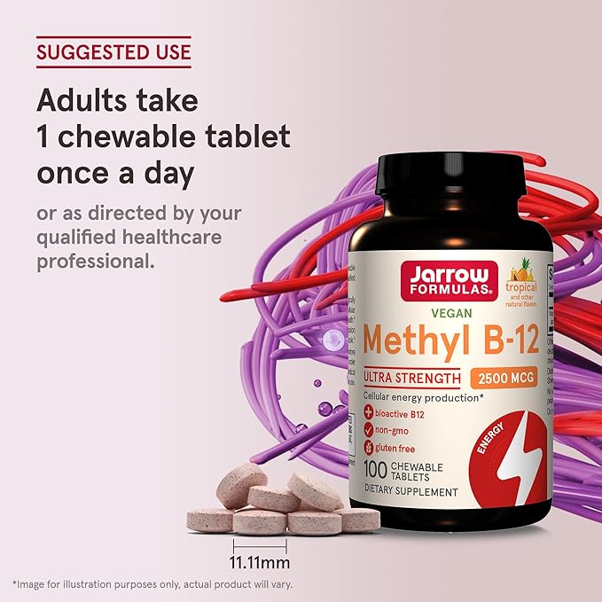 Jarrow Formulas Ultra Strength Methyl B-12, Dietary Supplement for Cellular Energy Production, 100 Tropical-Flavored Chewable Tablets, Up to a 100 Day Supply