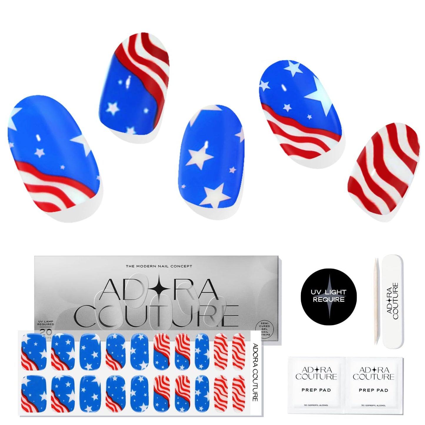 Adora Couture Semi Cured Gel Nail Strips with 20 Pieces, Salon Quality Nail Wraps for Women, Red and Blue American Vibe UV Gel Nail Stickers, UV Light Required, Radiance