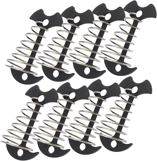 8 pcs Aluminium Alloy 2.6 inch Fishbone Tent Stakes Deck Anchor Pegs with Spring Rope Buckle Hook Cord Adjuster Tensioner Kit for Camping on Wood Platform Black