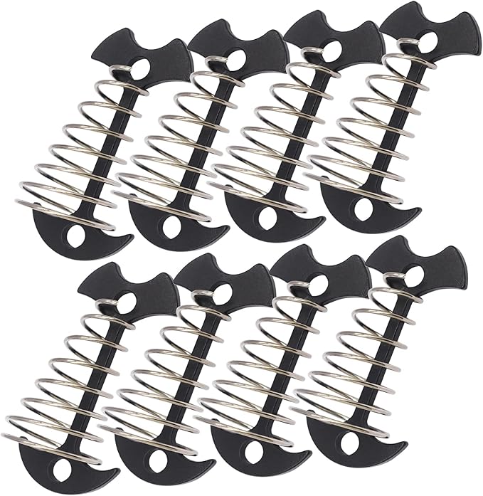 8 pcs Aluminium Alloy 3 inch Fishbone Tent Stakes Deck Anchor Pegs with Spring Rope Buckle Hook Cord Adjuster Tensioner Kit for Camping on Wood Platform Black