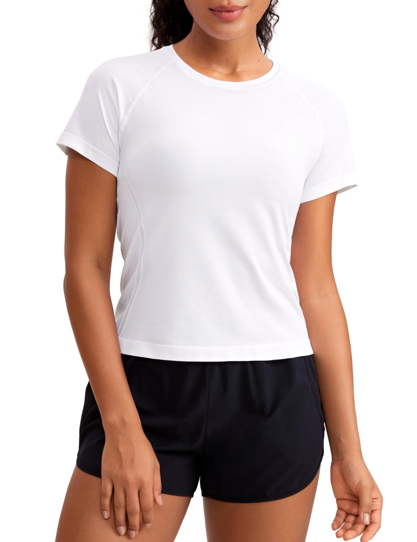 CRZ YOGA Seamless Short Sleeve Shirts for Women Breathable Running Workout Tops Athletic Gym Yoga Basic T-shirts White Small