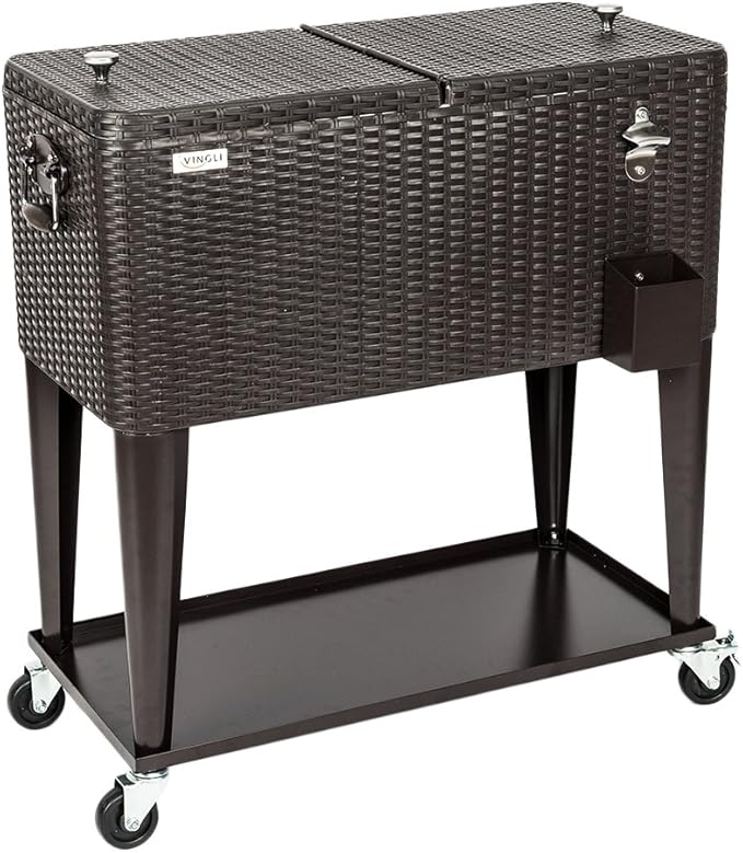 VINGLI 80 Quart Rolling Ice Chest on Wheels, Portable Patio Party Bar Drink Cooler Cart, Wicker PP Rattan with Shelf, Beverage Pool with Bottle Opener