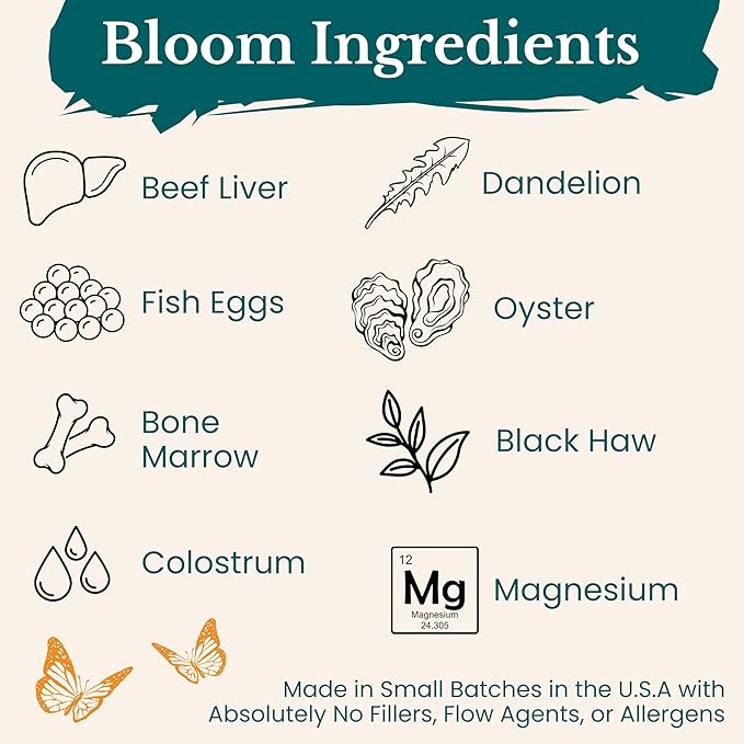 Birthright Complete Prenatal Supplement for Fetal Development… Folate, Choline + DHA, from Grass Fed Liver, Fish Eggs, Colostrum, Bone Marrow, with All Natural Herbal Blend Bloom