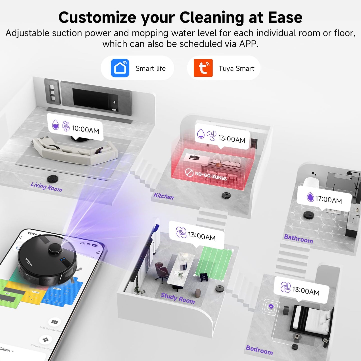 MONSGA Robot Vacuum and Mop Combo, 5000Pa Robotic Vacuum with 3.5L Self Emptying Station, Lidar Navigation Robot Vacuum Cleaner, 180mins Runtime, APP/Remote/Voice Control, for Hard Floors and Carpets