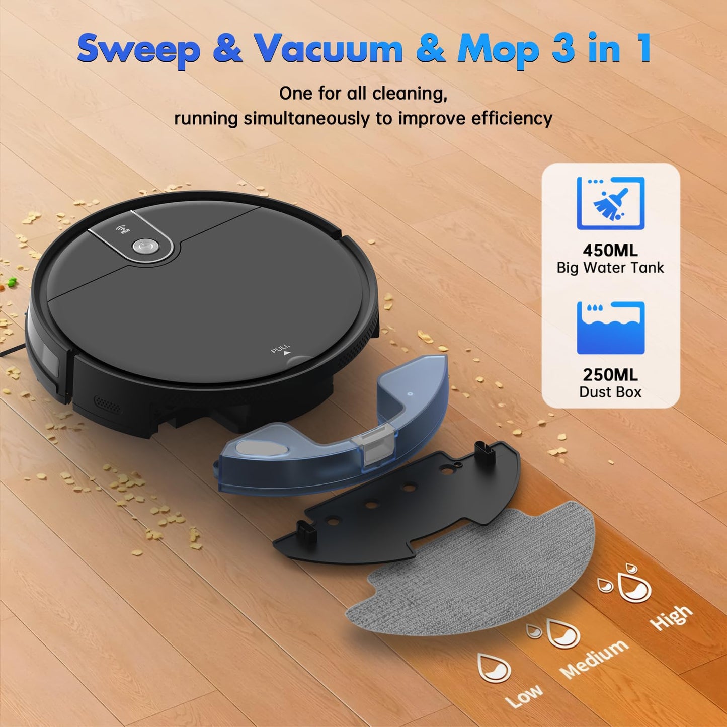 ATTELL Robot Vacuum and Mop Combo,3000Pa Max Suction,120 Mins Runtime,2 in 1 Mopping Robot Vacuum Cleaner,Wi-Fi/App/Remote,Self-Charging,for Pet Hair,Hard Floors and Low Pile Carpet,Black