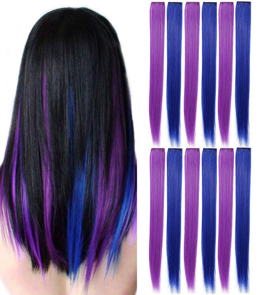 YaFex 12 Pcs Clip in Hair Extensions, 22 Inch Colored Hair Extensions Party Highlights Long Straight Synthetic Hairpieces for Women Kids Girls (Purple + Sapphire Blue)