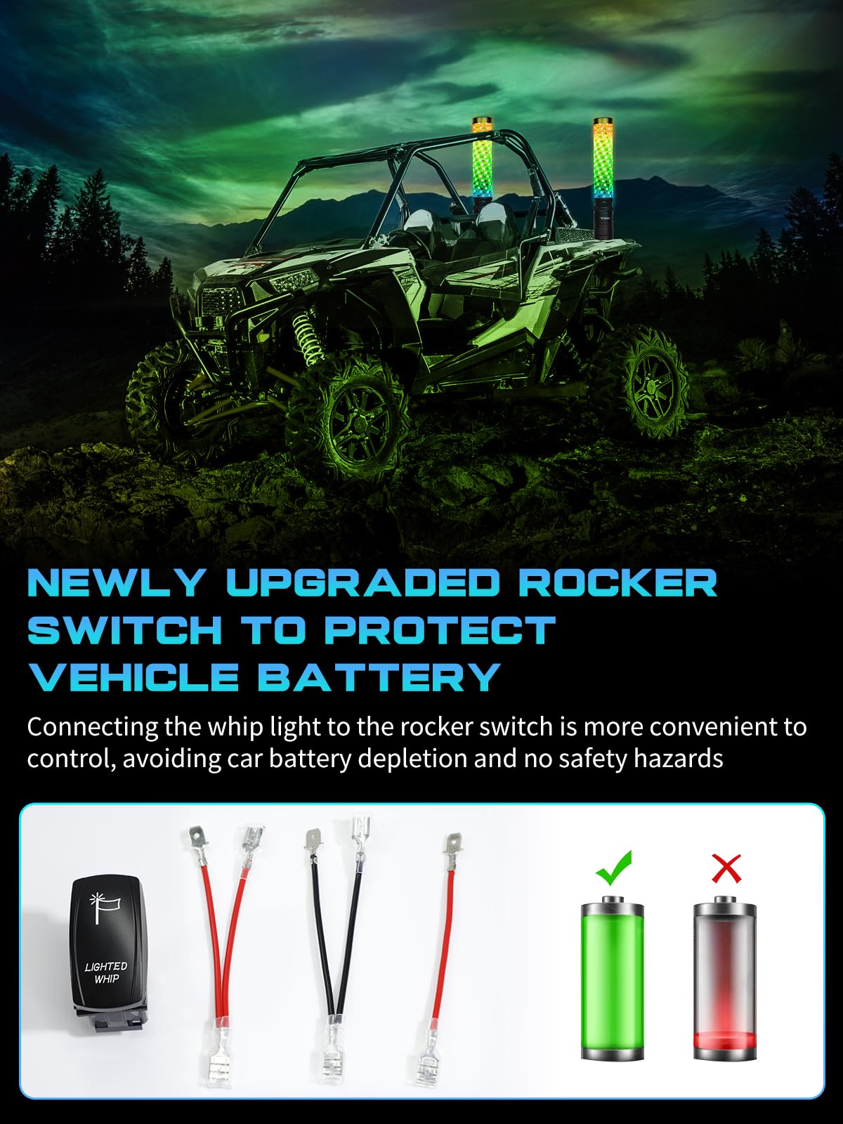 VI9000 2 Pack 2FT Fat Whip Lights, LED Whip Lights with App & Remote Control, Spiral RGB Chasing Lighted Antenna Whips with Rocker Switch, Music Whip Light for SXS UTV ATV RZRCan-Am X3 Off-Road