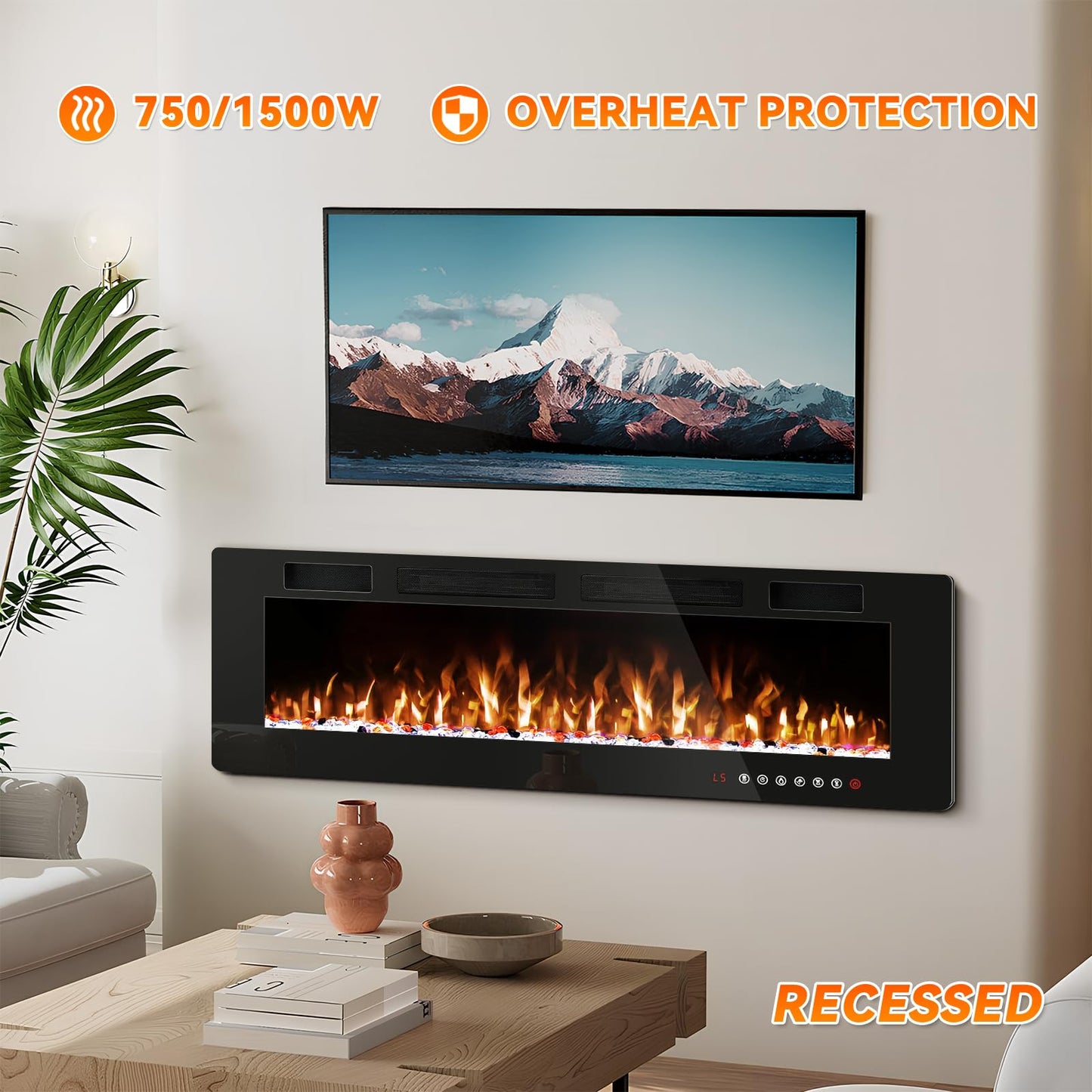 Tornivk 72 Inch Electric Fireplace Inserts Ultra-Thin Freestanding 750/1500W Electric Fireplace Heater Wall Mounted or Recessed Fireplace Electric with Adjustable Multicolor Flame,Timer