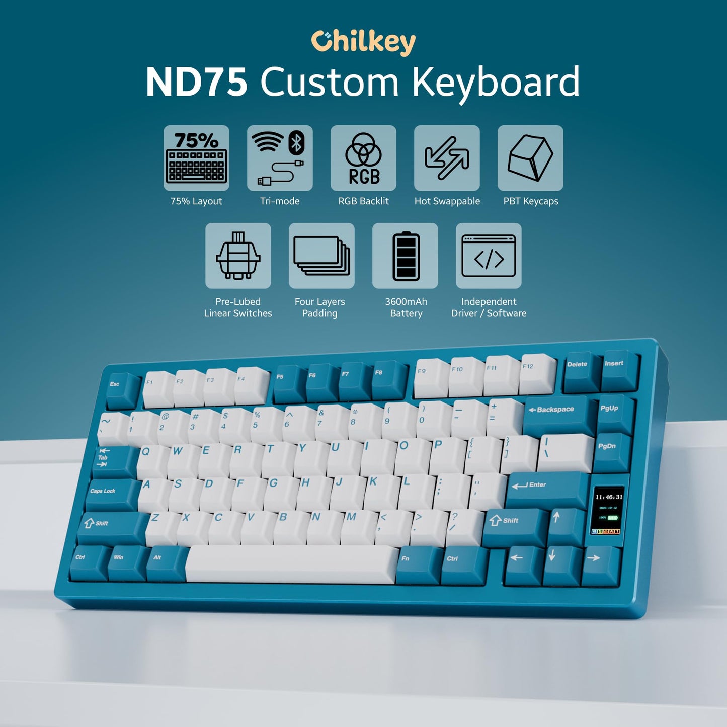 Chilkey ND75 Aluminum Keyboard 75% Percent Wireless Gaming Mechanical Keyboard with LCD Screen, Quick Assembly, BT/2.4G/USB-C, Hot Swappable Per-Key RGB Custom Blue Key Board for Laptop Office PC