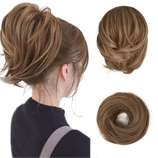 BARSDAR Brown Hair Bun Ponytail Extension, Straight Synthetic Hair Bun Hairpiece For Women, Fully Short Ponytail Bun Extensions Elastic Hair Bun Scrunchies Girls Daily - Light Golden Brown