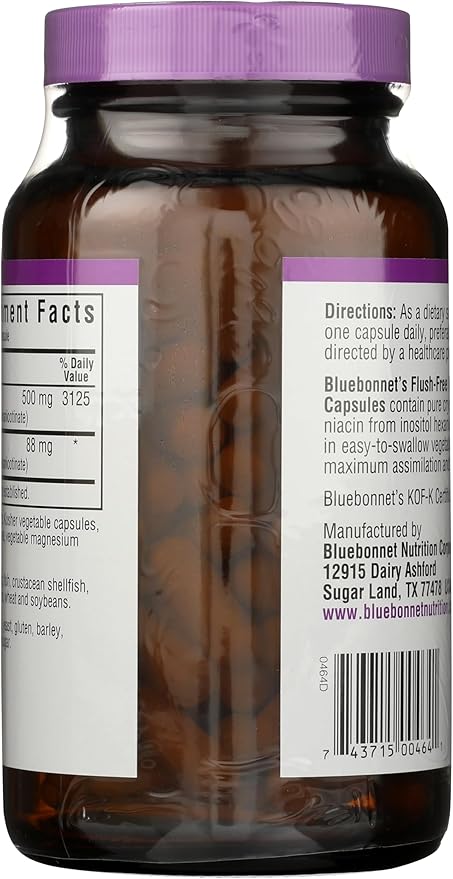 BlueBonnet Nutrition Flush-Free Niacin 500mg, for Nutritional Cardiovascular Support Vegetable Capsules, Soy/Dairy/Gluten Free, Non-GMO, Kosher Certified, Vegan, White, 120 Count