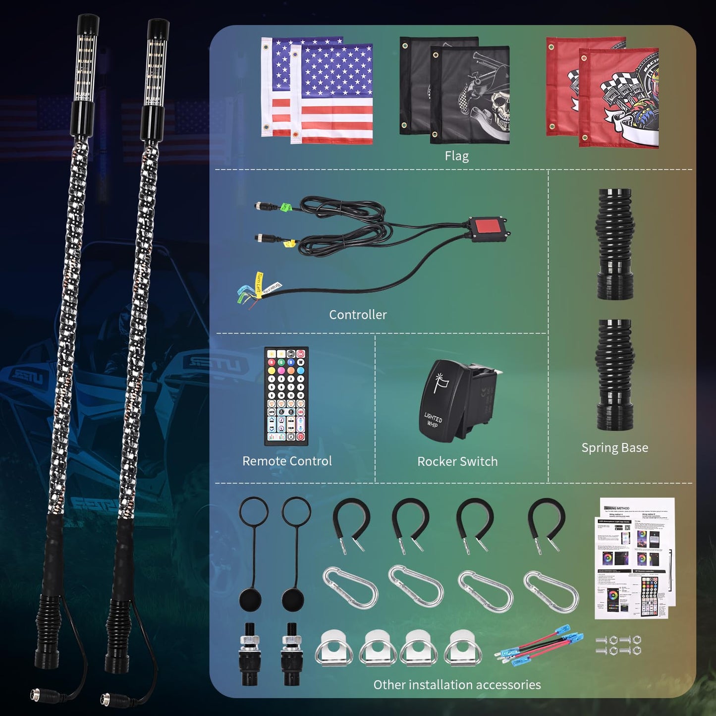 2PCS 3FT LED Whip Light and Blare Flash Light Kit with Spring Base, Spiral RGB Chase and Music Lights Whips with Rocker Switch, App & Remote Control, for UTV ATV RZR SXS Can-Am Polaris