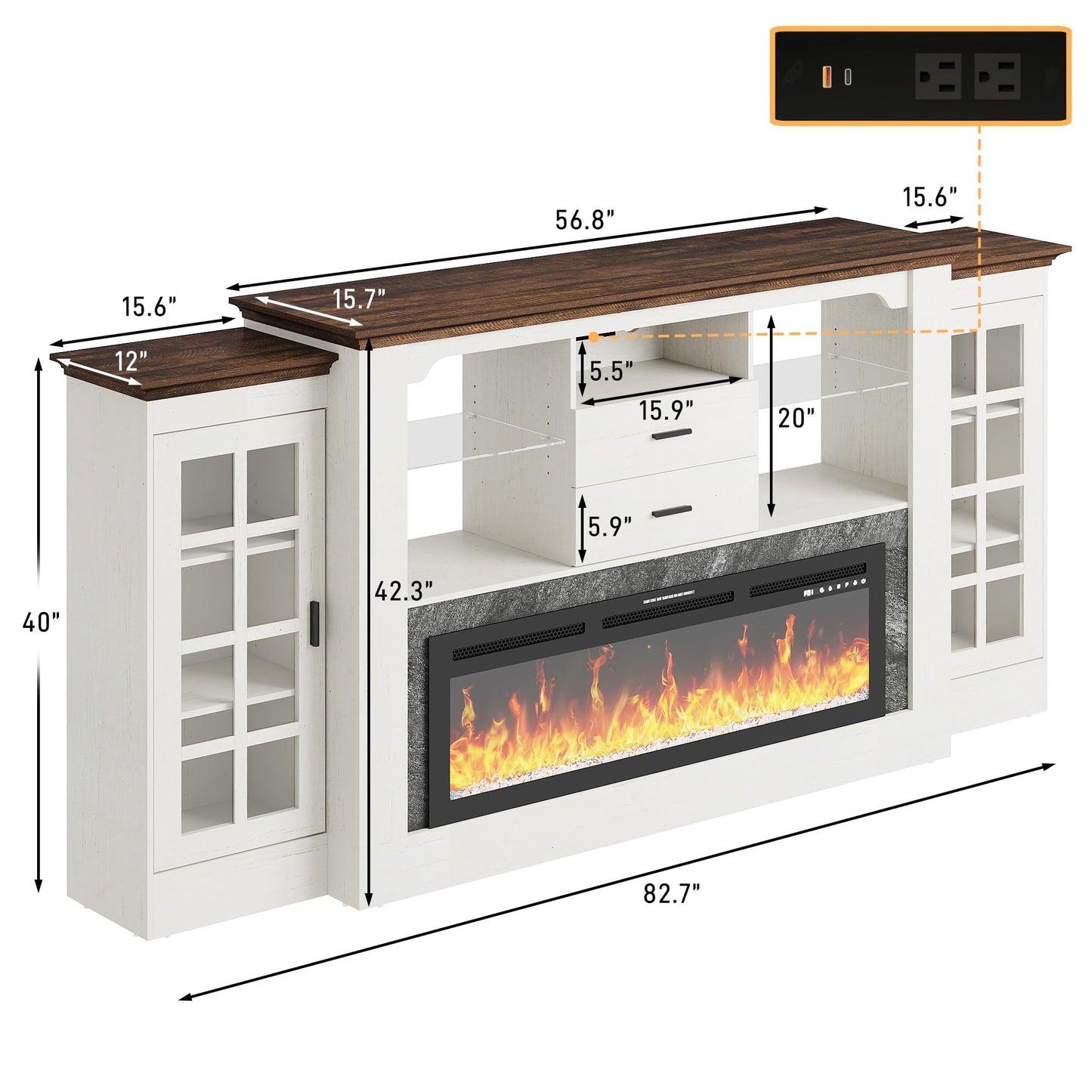 85" Electric Fireplace with Mantel, Fireplace TV Stand w/42 Electric Fireplace for 65 Inch TVs with Power Outlets, Farmhouse Entertainment Center with Storage for Living Room, Bedroom, Antique White