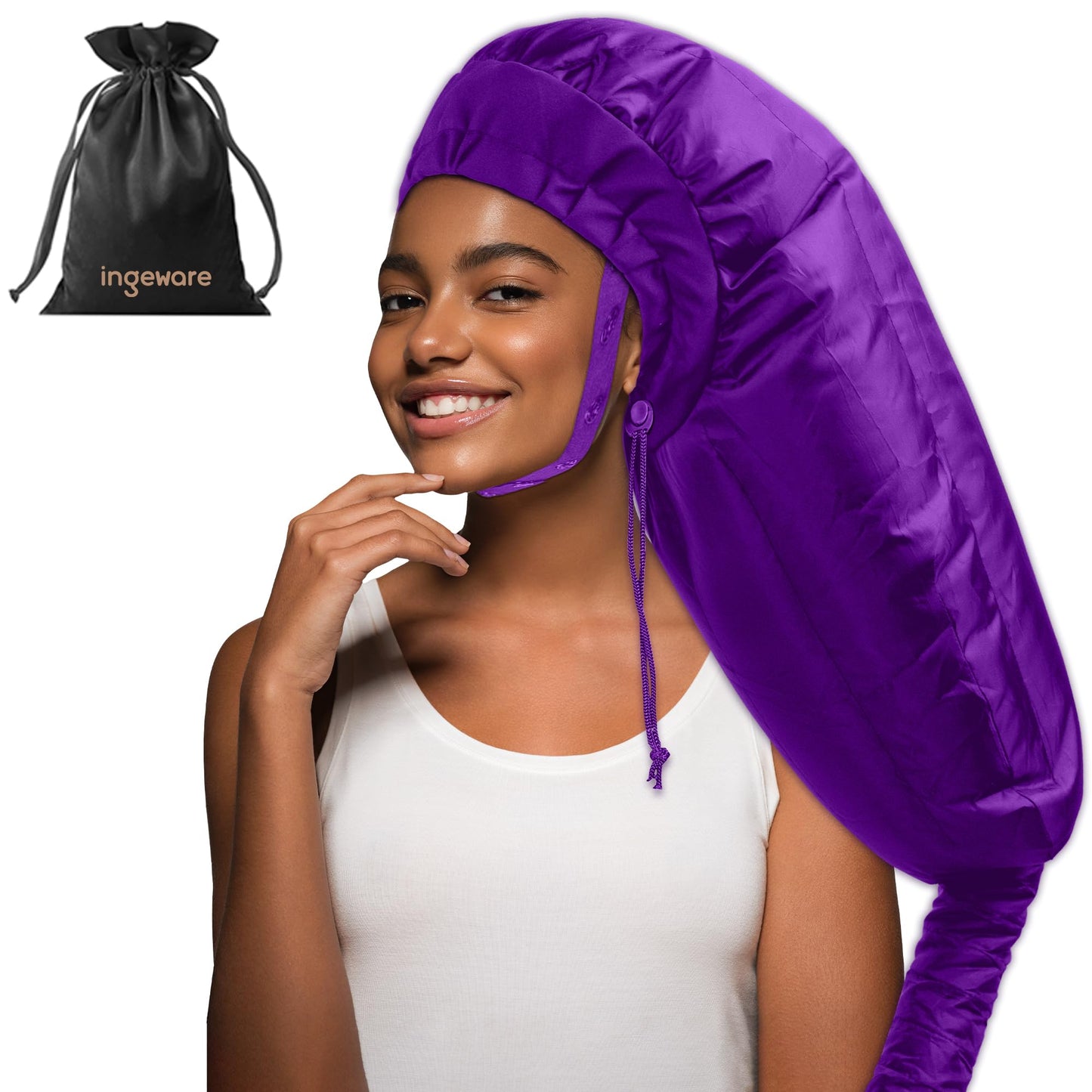 Ingeware Bonnet Hair Dryer Attachment - Extra Large Adjustable Deep Conditioning Cap for Natural Curly Hair (Purple, Waterproof Fabric, Hair Dryer Bonnet)