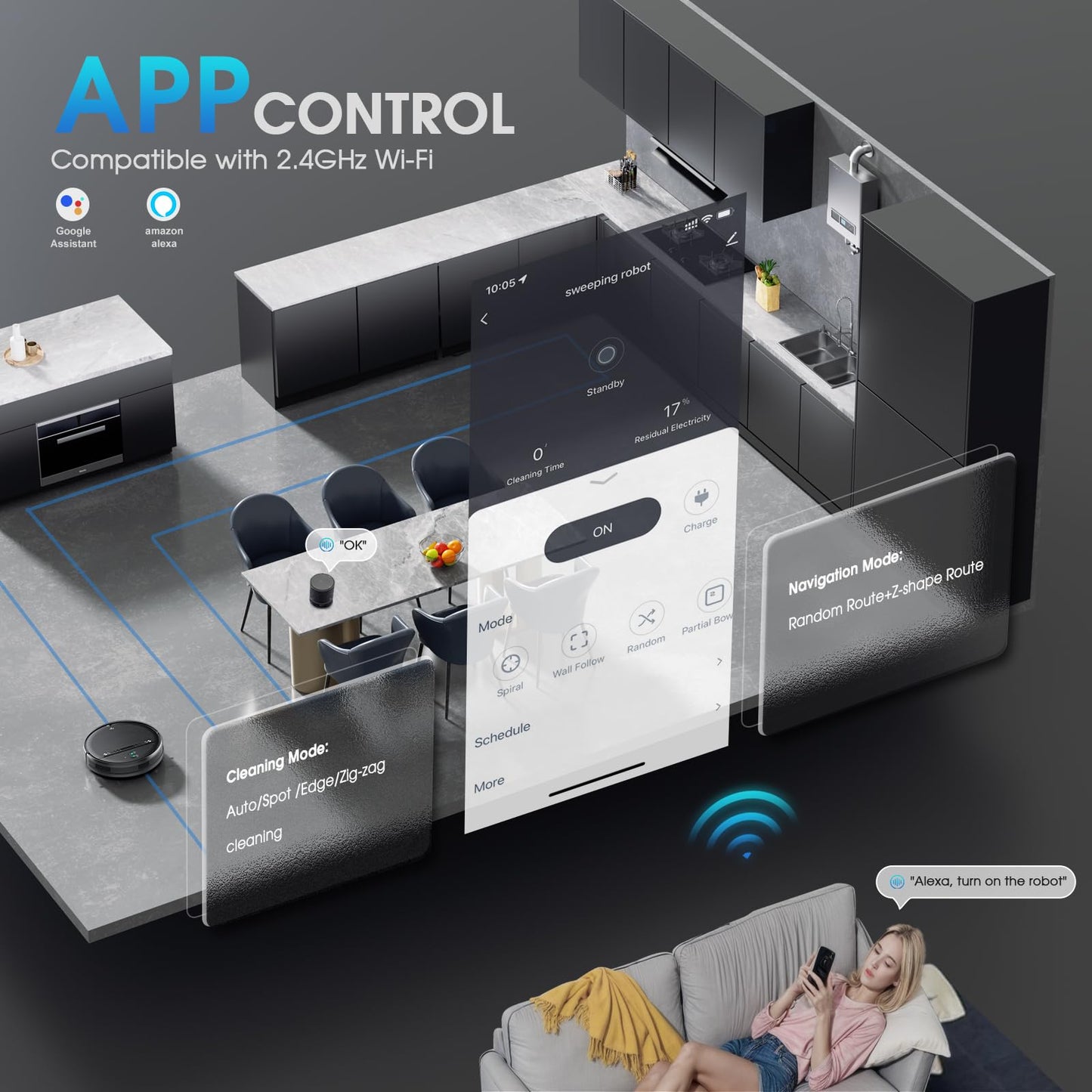 SHELIKI Robot Vacuum and Mop, 2-in-1 Robotic Vacuums Cleaner with Smart Max Strong Suction, WiFi/App/Alexa Voice Control, Obstacle Avoidance, for Pet Hair, Carpets and More