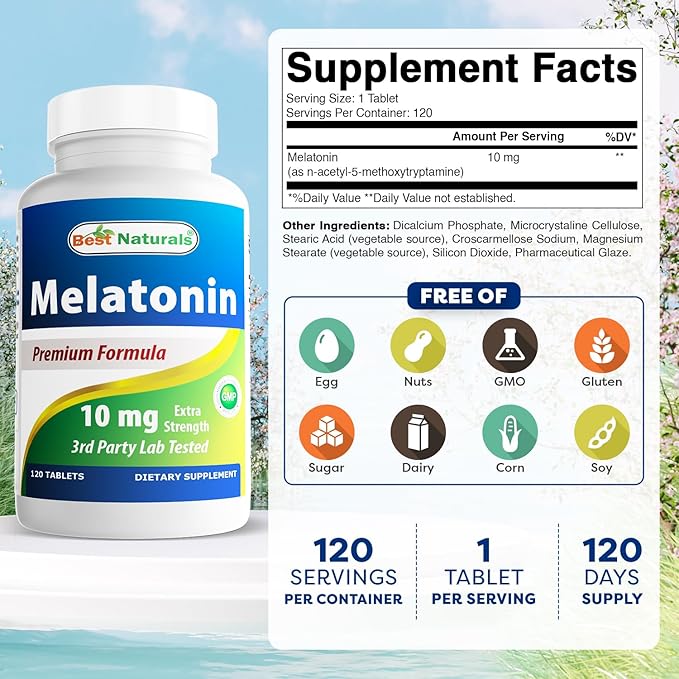 Best Naturals Melatonin 10mg (Non-GMO) Tablets - Helps Promote Relaxation & Sleep - 120 Count
