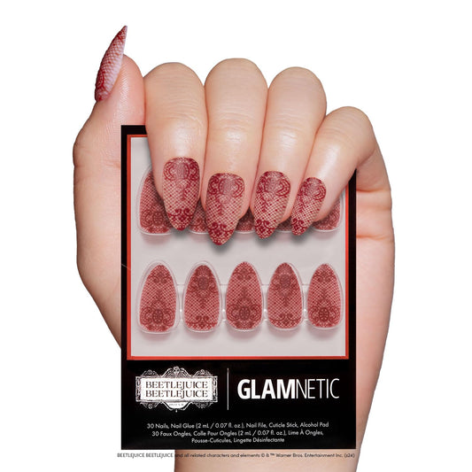 Beetlejuice Beetlejuice™ x Glamnetic Press On Nails - Lydia™ | Red Lace 3D Effect Matte Short Almond False Nails, Reusable Stick On Fake Nails with Glue | Salon Quality | 15 Sizes - 30 Nail Kit
