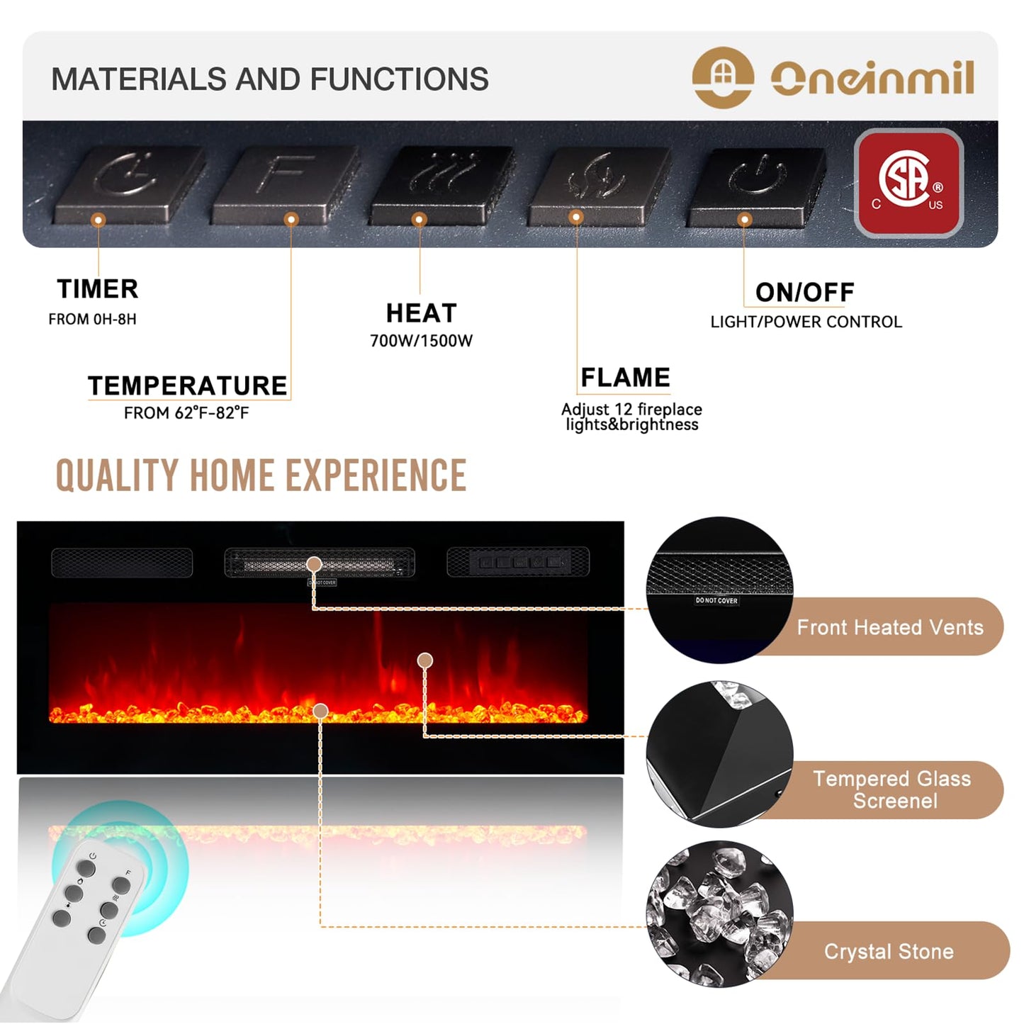 oneinmil Fireplace TV Stand with 36" Electric Fireplace,LED Light Entertainment Center,2 Tier TV Console Stand for TVs Up to 80",Fireplace for The Living Room TV Stand,Black