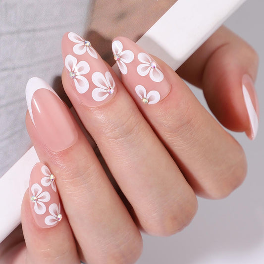 White Flower Press on Nails French Tip Fake Nails Medium Almond False Nails with Rhinestone Design Nude Glue on Nails Glossy Artificial Acrylic Spring Stick on Nails for Women Girls Manicure 24Pcs