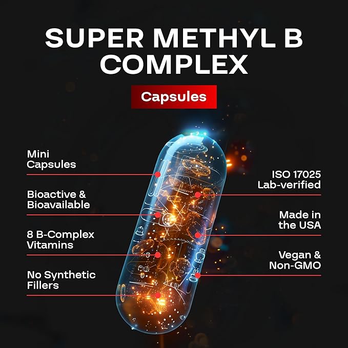 Methylated B Complex Vitamin Supplement - Bioactive Methyl B Complex with 5-MTHF Methyl Folate & B12 Methylcobalamin for Brain Heart Energy & Homocysteine Support - Super Vitamin B Complex (30 count)