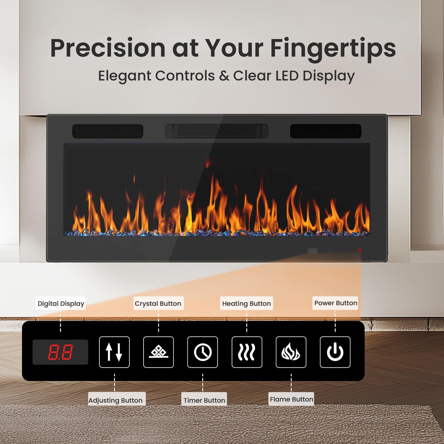 50 Inch Electric Fireplace Recessed and Wall Mounted with Adjustable Flame & Ember Color, Remote Control with Timer, Touch Screen, 750/1500W