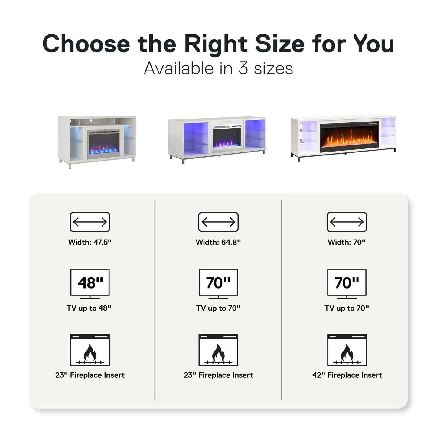 Ameriwood Home Lumina Fireplace TV Stand for TVs up to 70 Inch, Replaceable Electric Fireplace Insert Heater, Remote Control, Timer, Color Changing LED Lights, Crystal Ember Flames, White