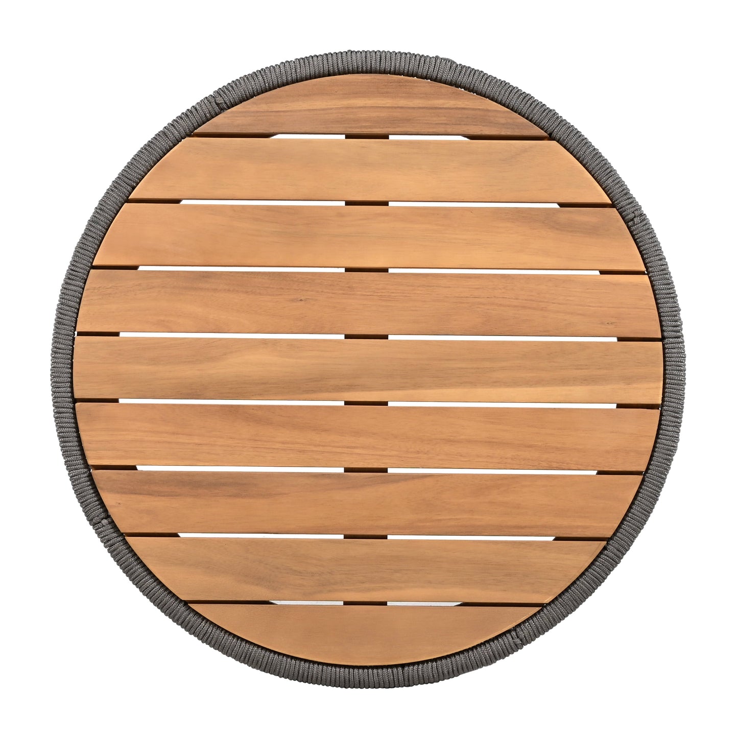 26" Round Acacia Wood Coffee Table with Grey Rope Accents, Rustic Outdoor Patio Table for Garden & Balcony