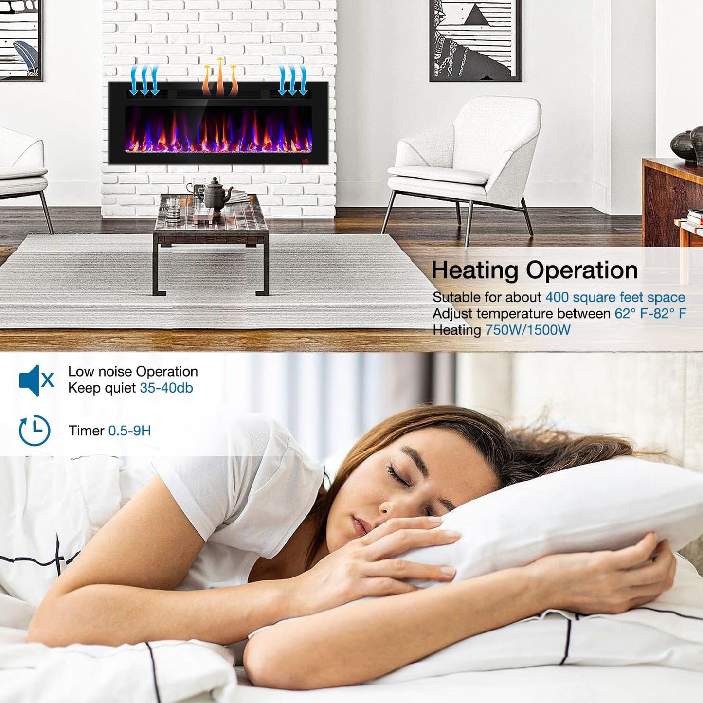 43 Inch Electric Fireplace Recessed and Wall Mounted, Fireplace Heater and Linear Fireplace, Ultra-Thin Electric Fireplace, Low Noise, with Timer, Remote Control, Adjustable 12 Flame Color, 750/1500W