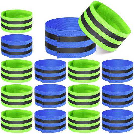 16 Pieces Reflective Bands Reflector Bands for Wrist, Arm, Ankle, Leg, High Visibility Reflective Gear Safety Reflector Tape Straps for Night Walking, Cycling and Running (Green, Blue)