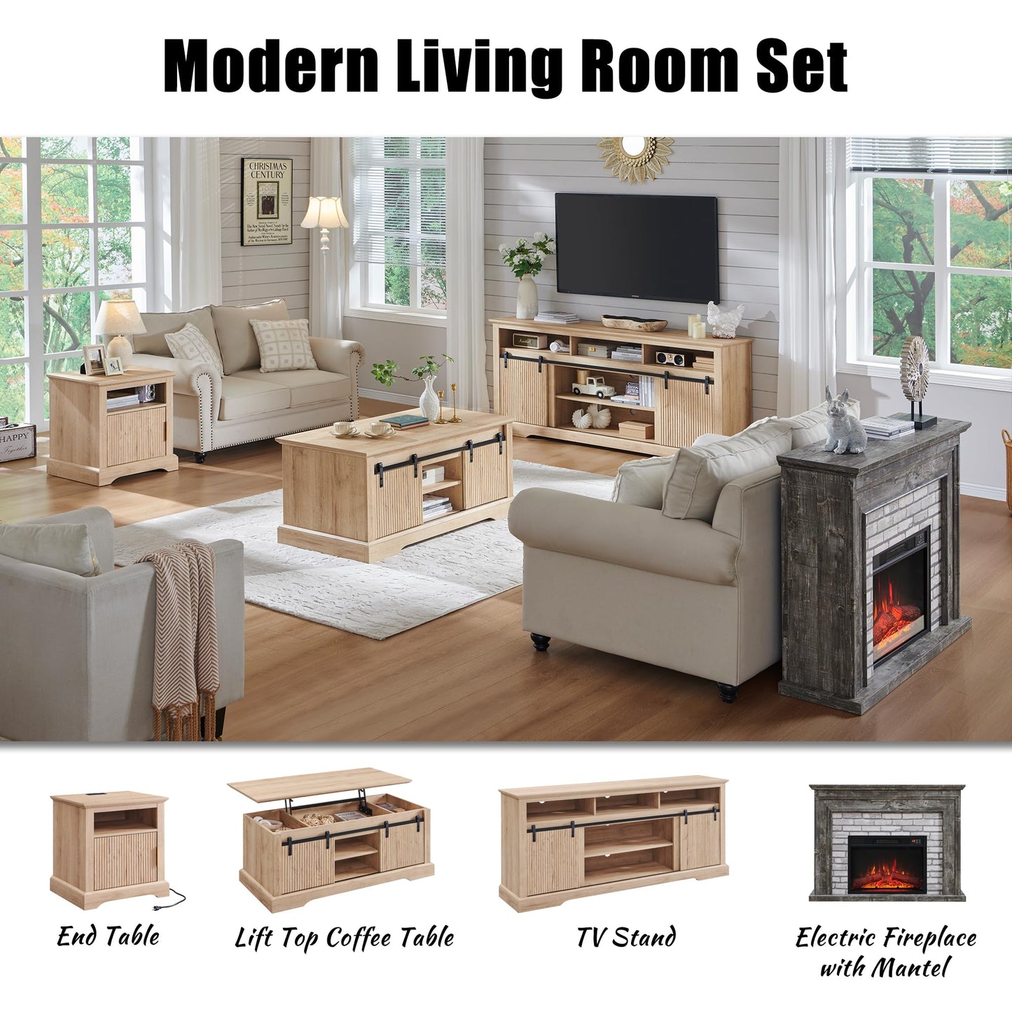 Aitjunz 45" Flip Top Electric Fireplace with Mantel, Electric Fireplace Heater, TV Stand with Freestanding Electric Fireplaces, Remote Control, Adjustable Flame Level for Living Room (Light Grey)