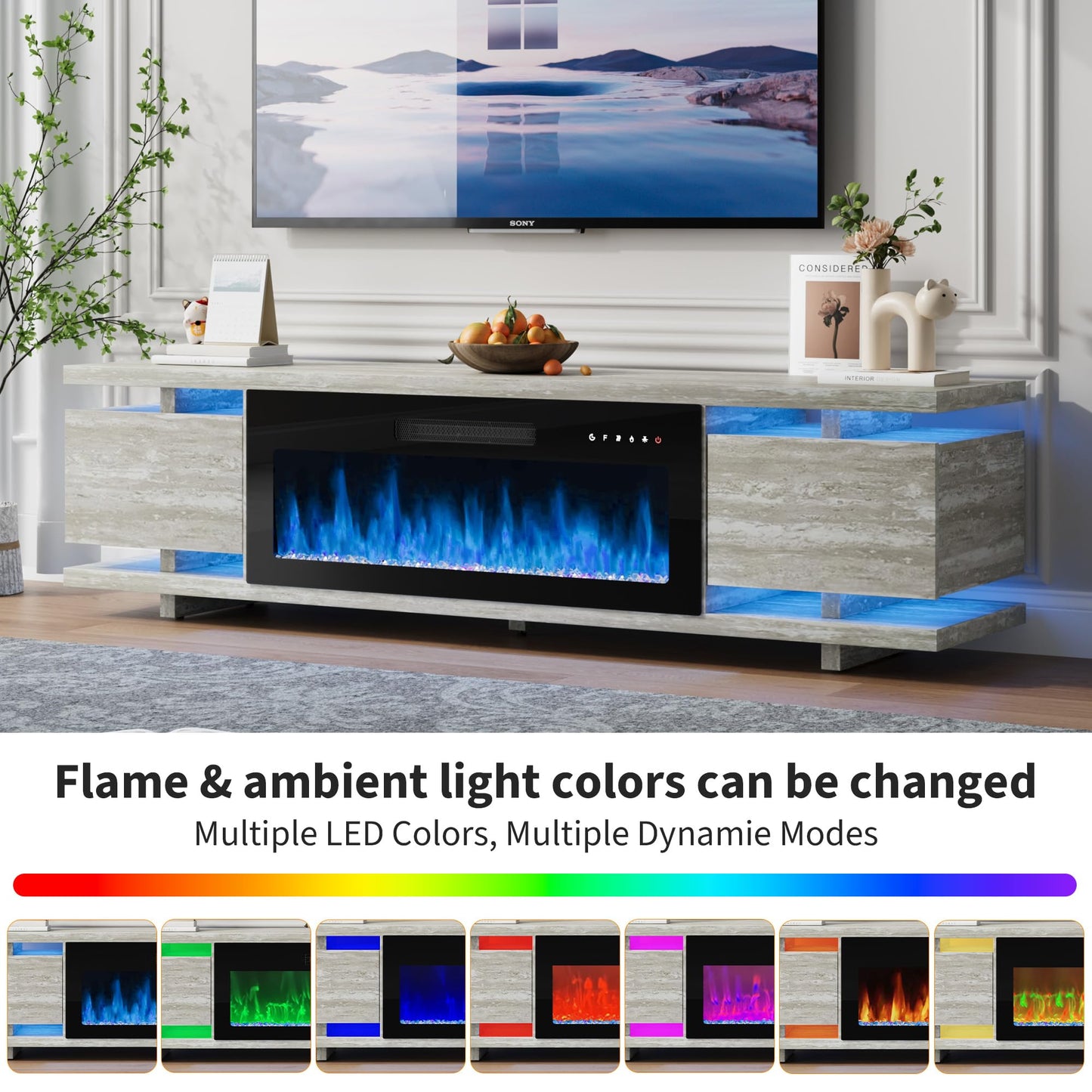 Rresyet Fireplace TV Stand with 36" Electric Fireplace, LED Light Entertainment Center, TV Cabinet for TVs Up to 80", Modern Marble Textured Storage Cabinet, TV Console for Living Room (Travertine)