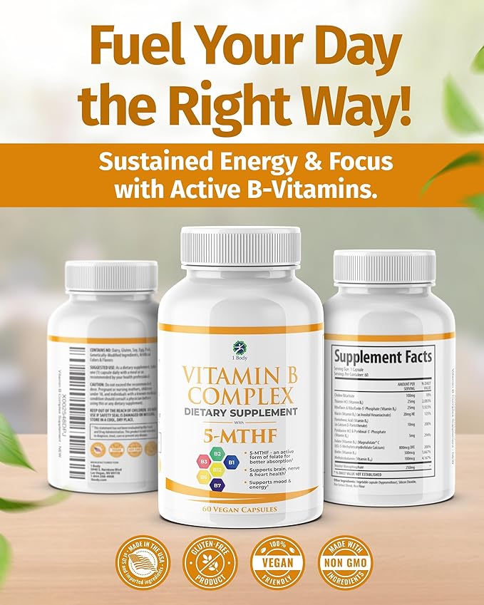 1 Body Vitamin B Complex – Methylated B12, 5-MTHF Folate, High Potency B Vitamins for Energy, Stress, Brain & Heart Support, Vegan, 60 Capsules