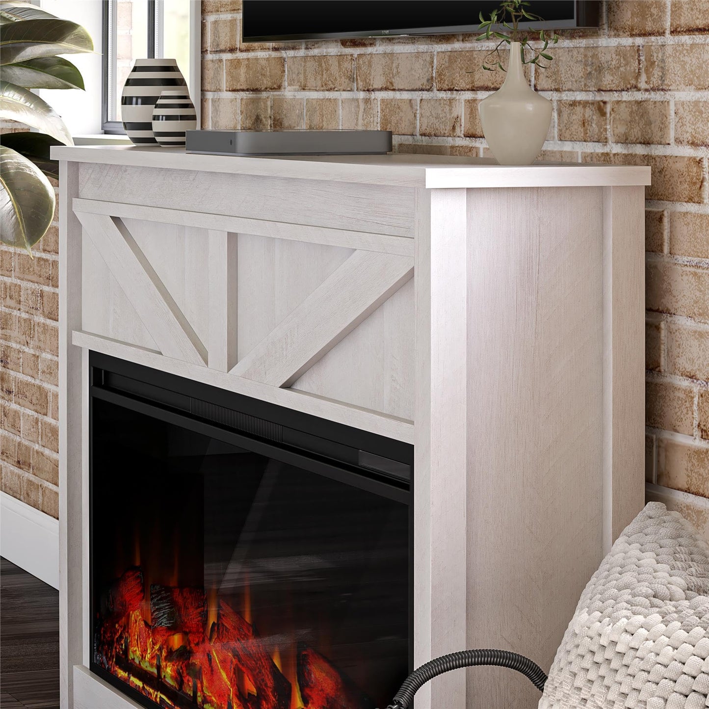 Ameriwood Home Farmington 49 Inch Electric Fireplace with Mantel, Replaceable Fireplace Insert Heater. Remote Control, Timer, Realistic Log and Flame Effect, Ivory Oak