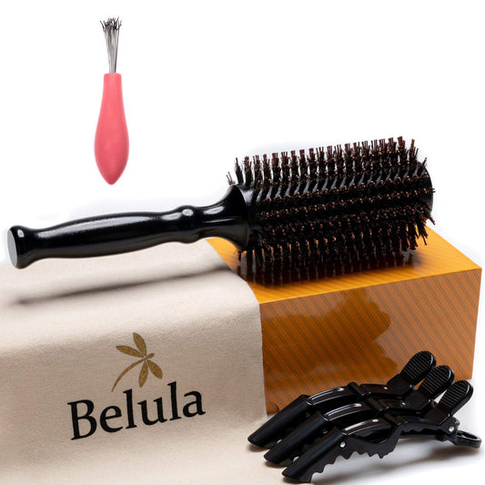 Boar Bristle Round Brush for Blow Out Set by Belula. Round Hair Brush For Blow Drying. Medium 2.4” Wooden Barrel. Hairbrush Ideal to Add Volume and Body. Free 3 x Hair Clips & Travel Bag