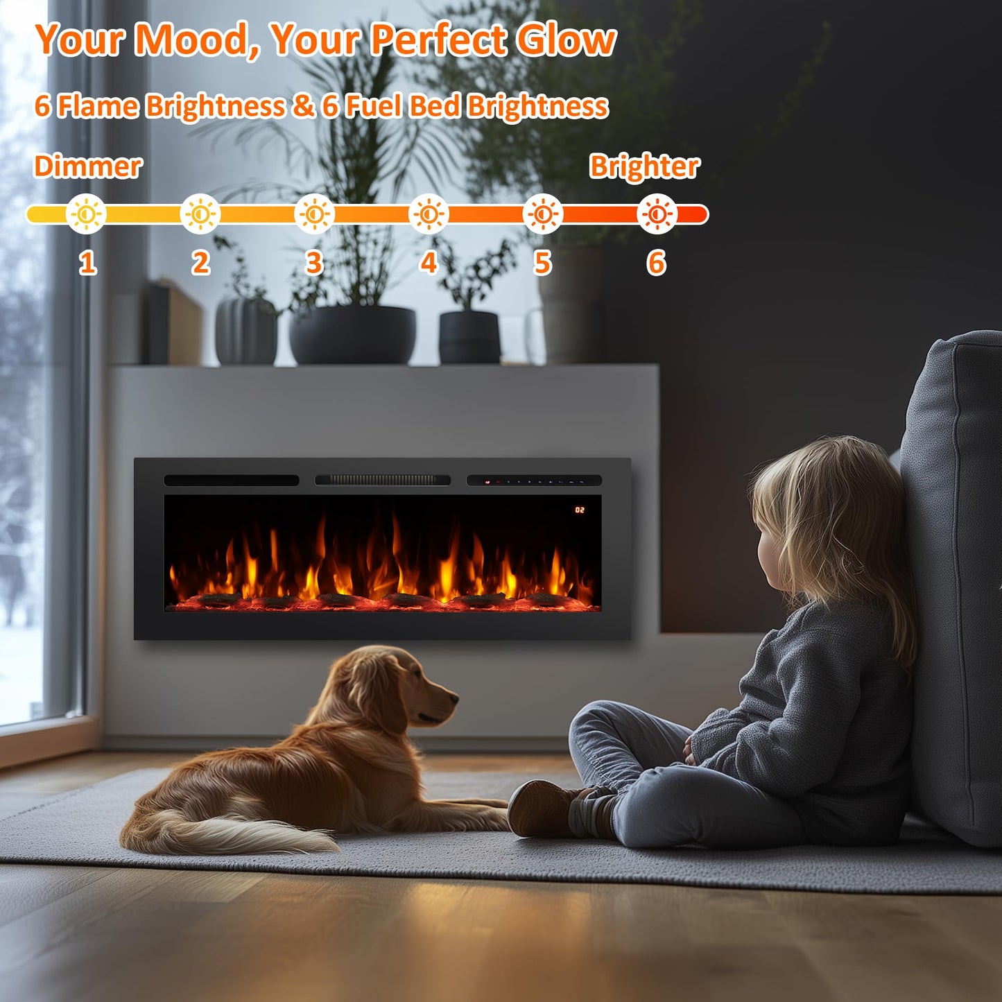 Rodalflame 54" Electric Fireplace Inserts, Adjustable Flame&Speed, Thermostat Heater, Recessed, Wall Mount, Freestanding, Brightness, Child Lock, Timer