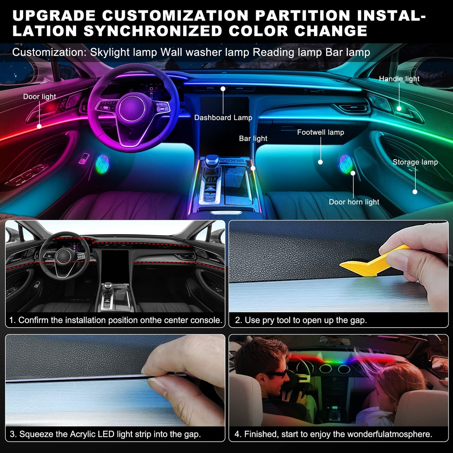Dreamcolor Acrylic Interior Car LED Strip Light with Wireless APP, RGB 22 in 1 with 175 inches 612 LEDs Fiber Optic Strip Lights for Car, Dual Zone Music Sync Neon Ambient Lighting Kits