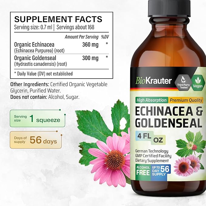 BIO KRAUTER Echinacea with Goldenseal Tincture 4 Fl. Oz. & Olive Leaf Tincture 4 Fl. Oz.