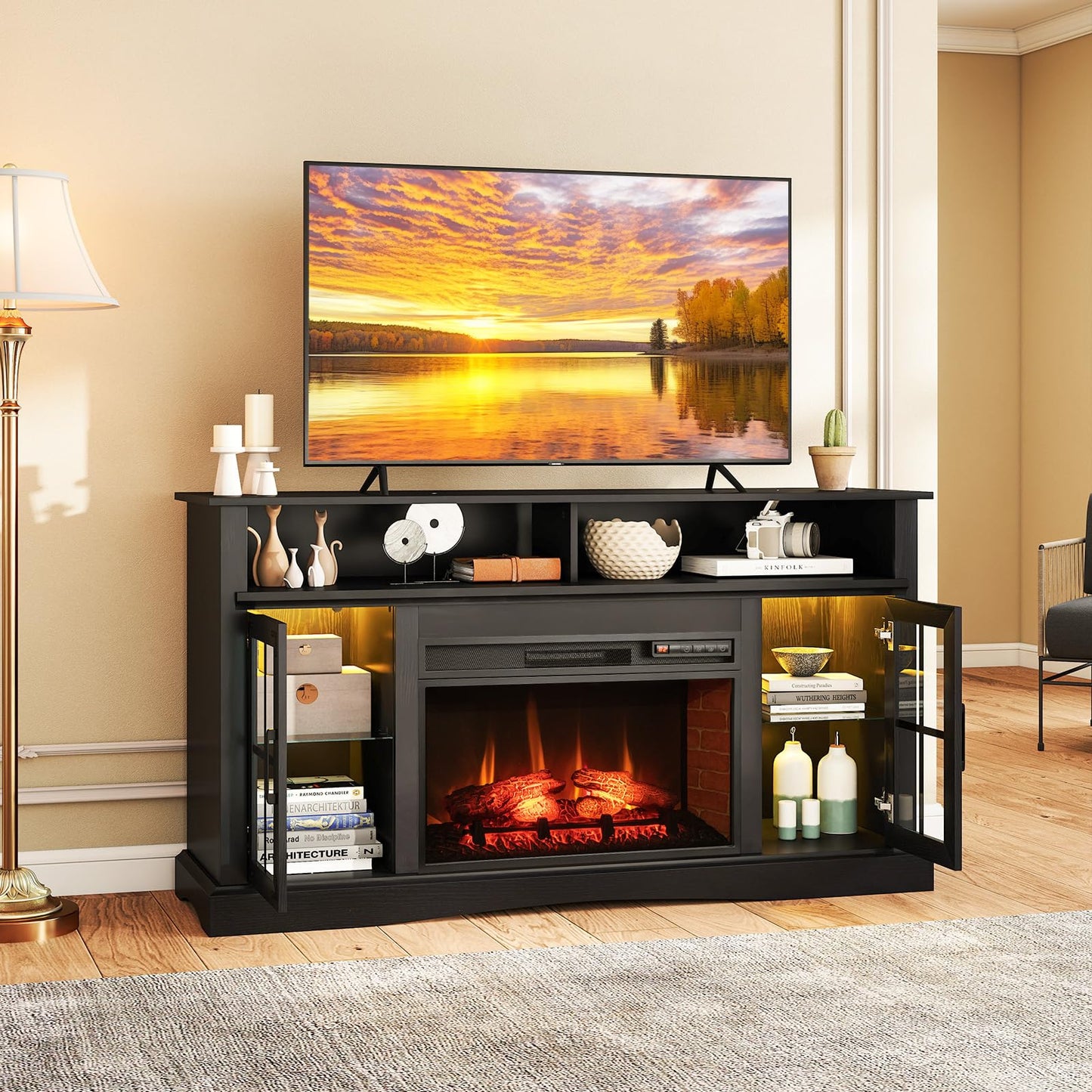 Tangkula Fireplace TV Stand for TVs Up to 65", Adjustable Shelves LED Light Entertainment Center with Electric Fire Place, for Living Room, Bedroom (Black)