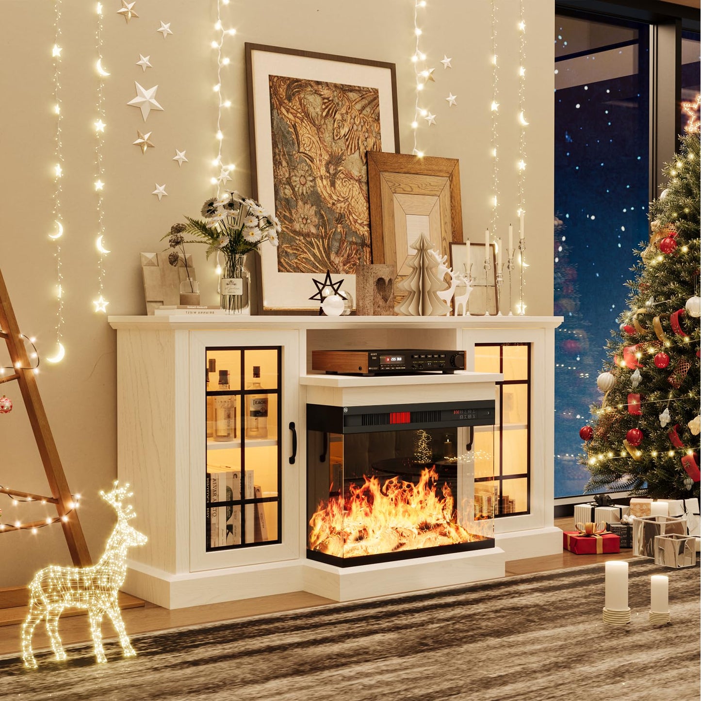 oneinmil 59'' Fireplace TV Stand, 3 Sided Glass Media Entertainment Center Console Table for TVs up to 65'' with Glass Door Adjustable Flame LED Color for Living Room, Set of TV Table, White