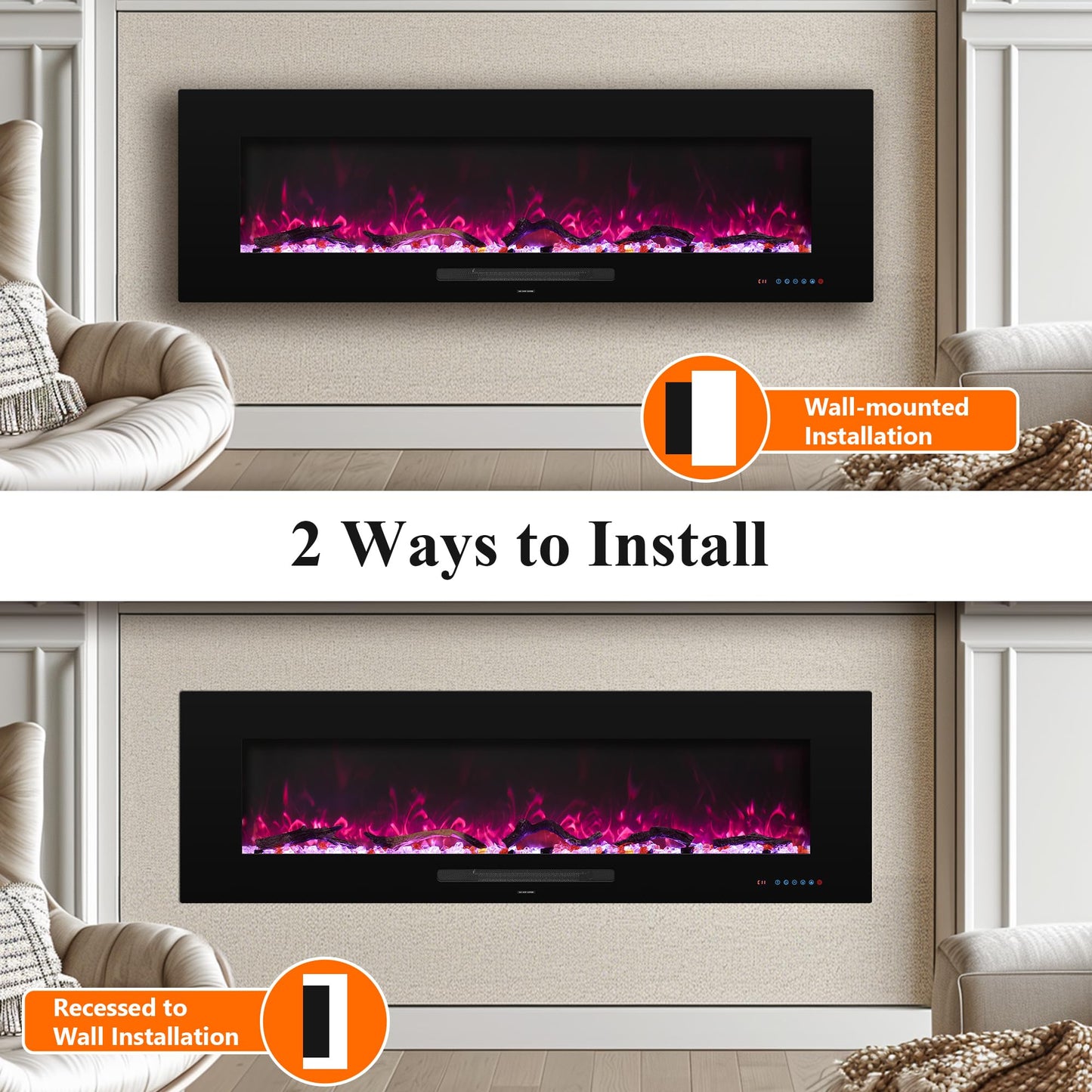 Dreamflame 72" Electric Fireplace, Recessed & Wall Mounted Fireplace Heater 13 * 13 Colors Flame &Fuel Bed w/5 Dimmer, Touchscreen &Remote Control Temp, Overheating Protect, Hardwired, 1500W, Black