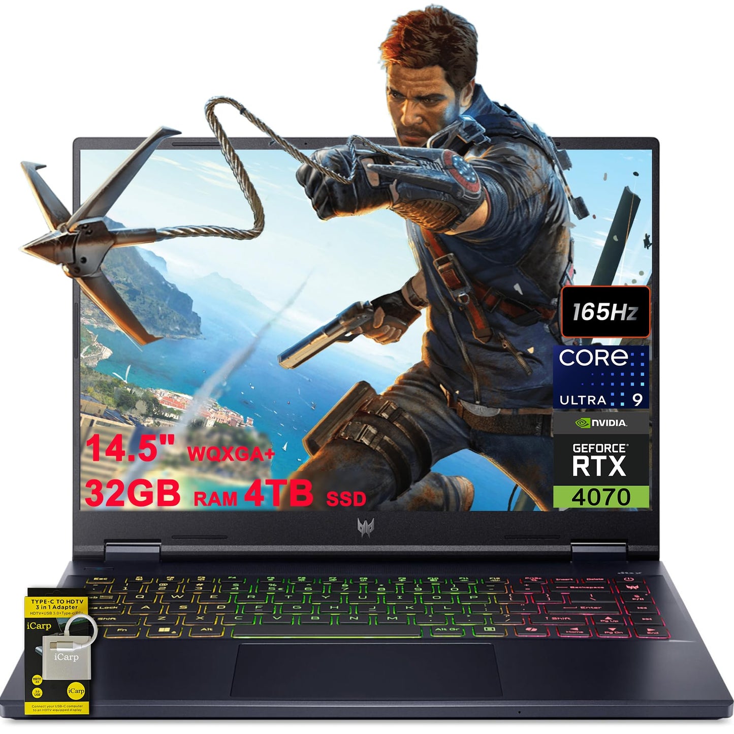 acer Predator Helios Neo 14 AI-Powered Gaming Laptop 14.5" WQXGA+ (3072x1920) 165Hz (400nits G-SYNC) Intel 16-core Ultra 9 185H 32GB RAM 4TB SSD GeForce RTX 4070 RGB Backlit Win11 w/ICP Accessory