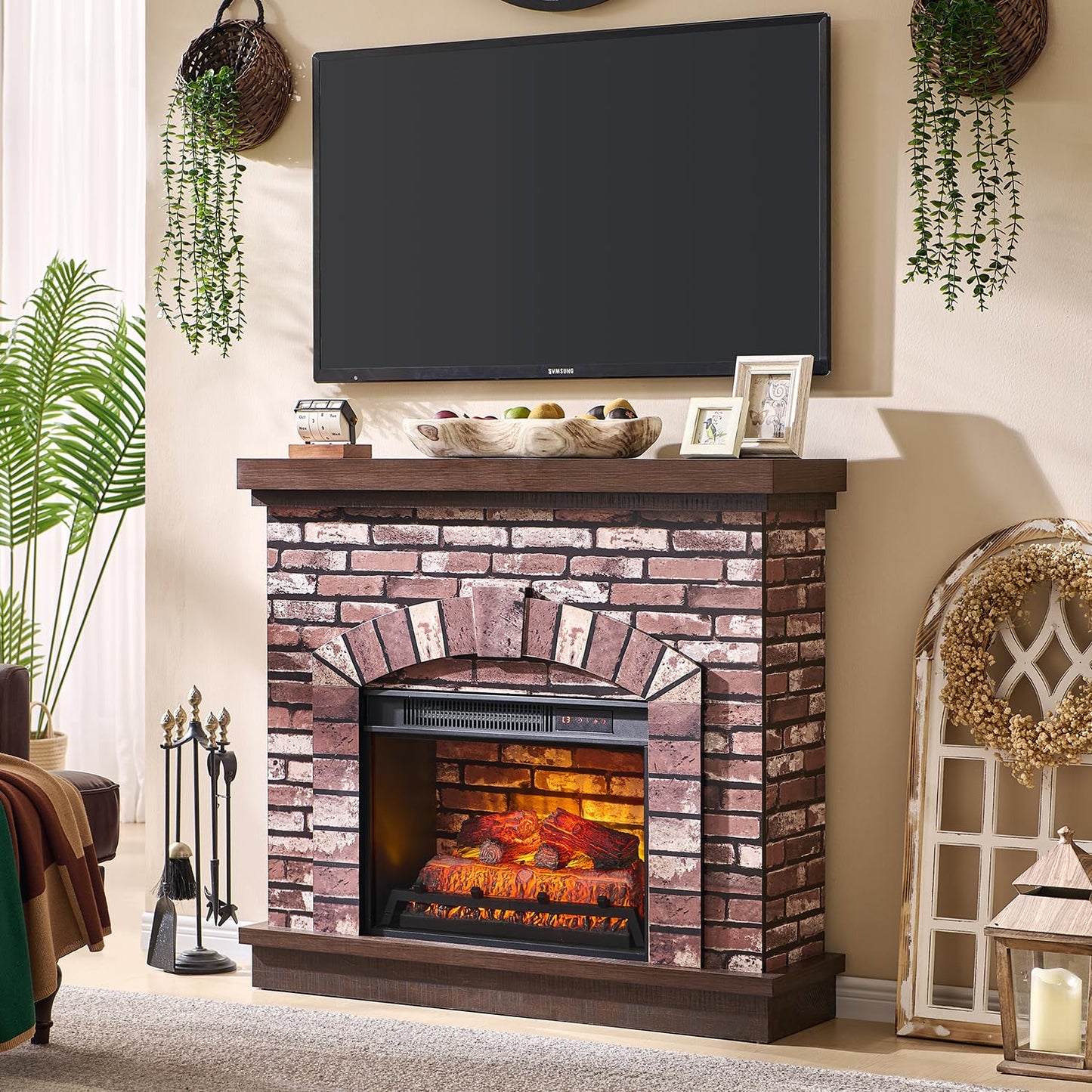 IFGET 42" Electric Fireplace with Mantel, Farmhouse Fireplace TV Stand w/23'' Freestanding Electric Fireplace Heater, Remote Control, Adjustable 3D Realistic Flame Level for Living Room, Light Brown