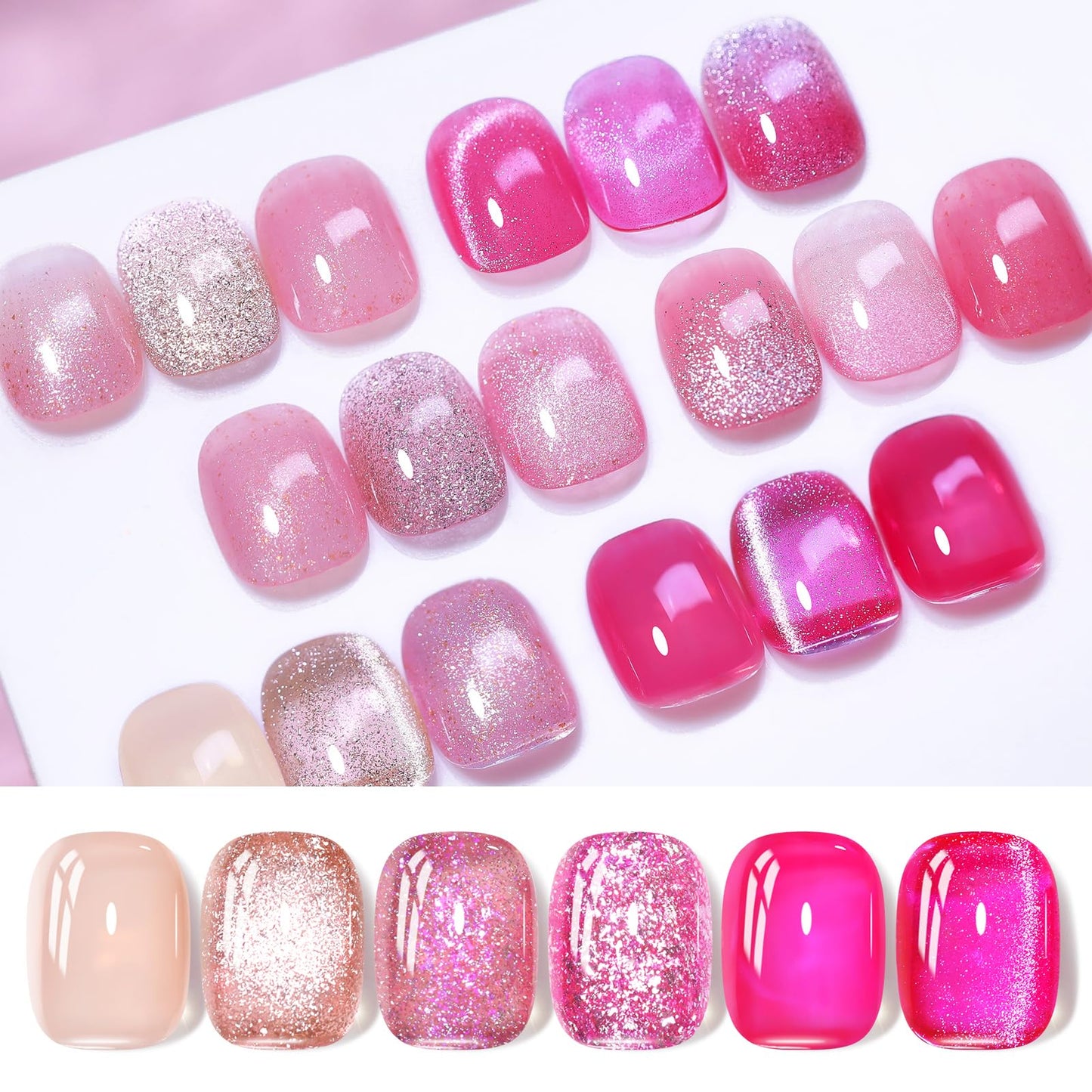 Born Pretty Jelly Gel Nail Polish, Glitter Gel Polish, Hot Pink Nude Cat Magnetic Eye Gel Nail Polish, Sheer Crystal Transparent Sparkle Gel Nail, Nail Manicure Gift DIY at Home 6PCS 7ml