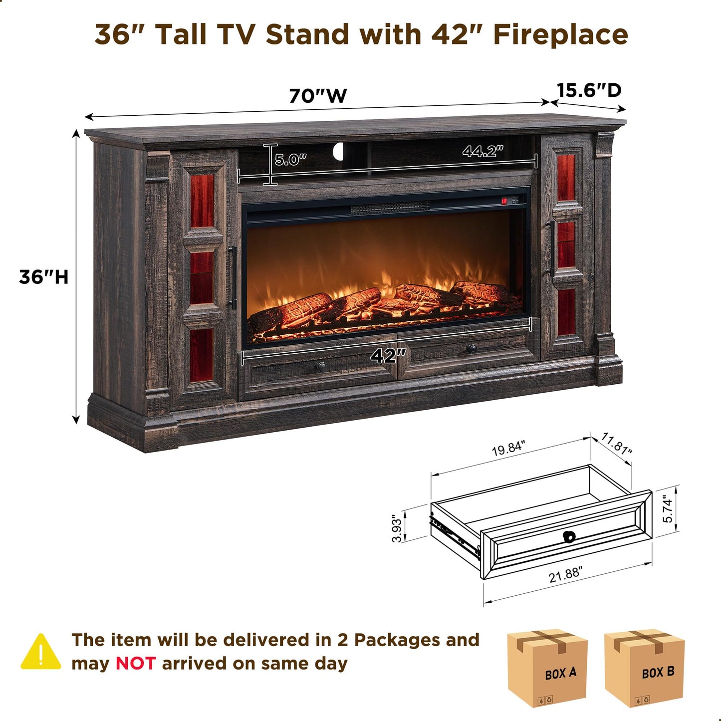 OKD TV Stand with Fireplace for up-to-80 TV, Farmhouse 72" Entertainment Center with 42" Electric Fireplace, TV Console with Glass Door Cabinets & Drawers for Living Room, Dark Rustic Oak