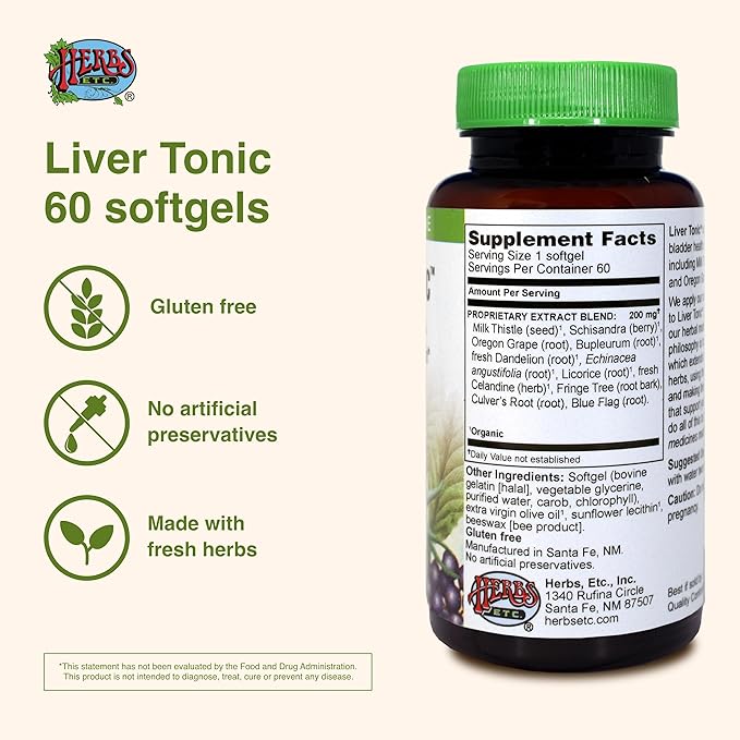 Herbs Etc. Liver Tonic - Gallbladder Health Supplement with Herbal Formula - Aid Overall Liver Health with Milk Thistle, Schisandra & Oregon Grape - Support a Healthy Liver - 60 Softgels